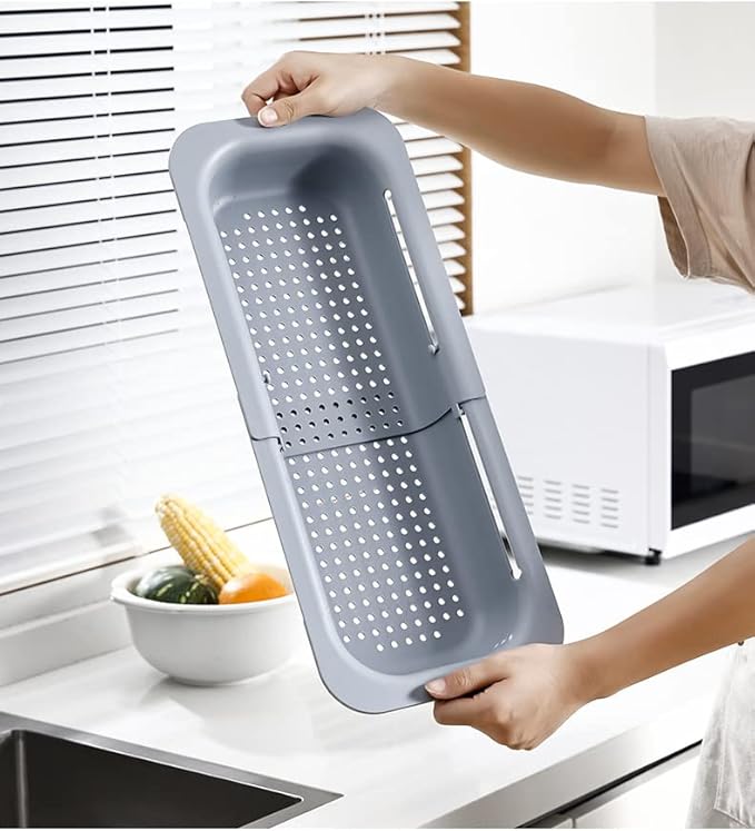 Expandable Sink Strainer for Kitchen Sink, Over Sink Colander Basket, Adjustable Drain Basket for Fruits & Vegetables, Space Saving, (Gray)