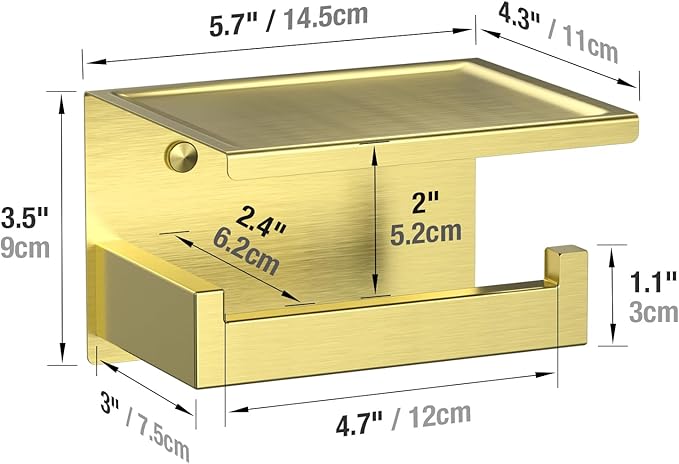 HITSLAM Gold Toilet Paper Holder, Stick on Brushed Brass Toilet Paper Holder with Shelf, Self Adhesive No Drill or Wall-Mount with Screws for Bathroom