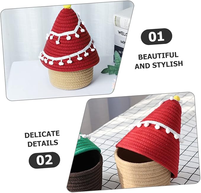 Hemobllo Christmas Tree Woven Cotton Rope Basket with Lid Decorative Sundries Storage Container for Living Bedroom and Bathroom Organization Cute Nordic Style Red Holiday Organizer