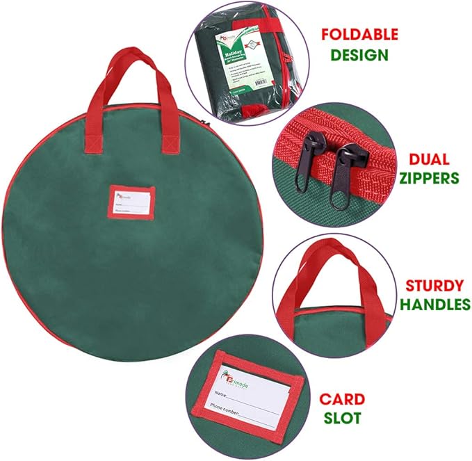 Primode Christmas Wreath Storage Bag 30" - 2 Pack Artificial Wreath Container - Garland Holiday Xmas Wreaths Holder - Sturdy Handles - Card Slot Zipper Strong 420D Oxford (30 Inch, Green)