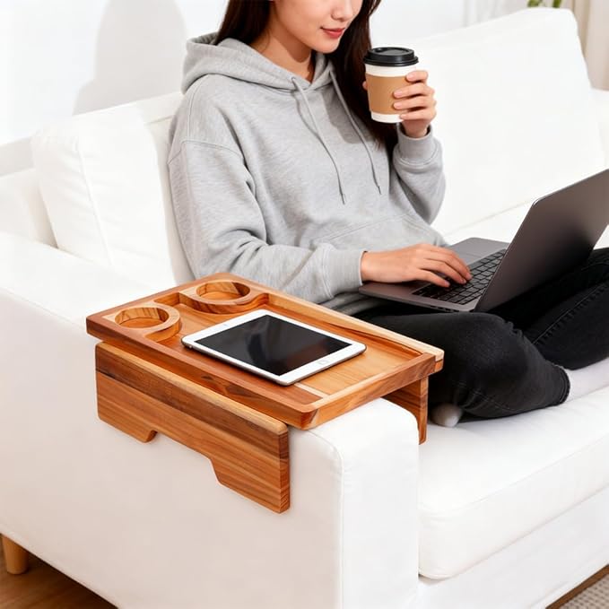 15.35" x 10.24" Teak Wood Couch Arm Tray, Sofa Armrest Table with Dual Cup Holders, Clip-on Tray for Wide Couch - Side Table for Eating & Drink, Snack, Phone, Remote