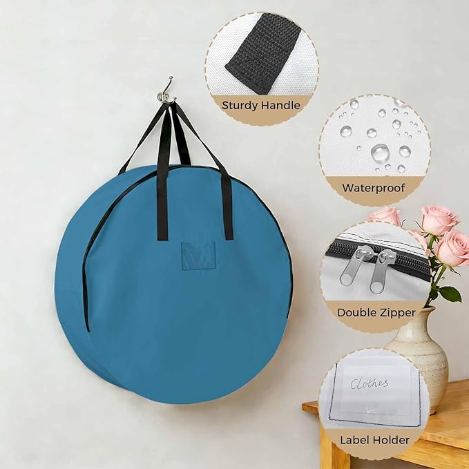36 Inch Round Storage Bag 1 Pack,Modern Marine Ocean Pure Blue Waterproof Wreath Storage Container with Handles&Zipper Minimalist Solid Color Art Closet Organizer Bags Garland Box
