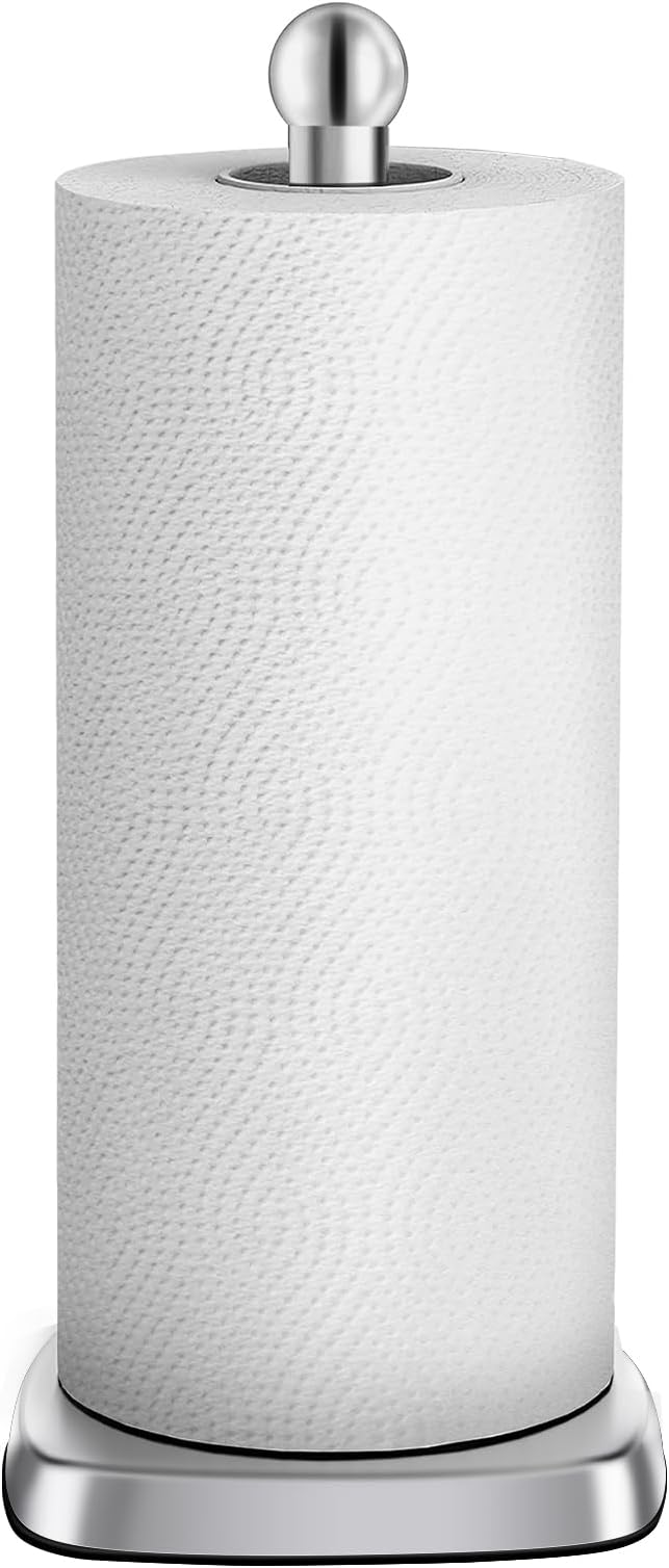 DAWNER Secure Grip Paper Towel Holder Countertop, Easy to Tear with One-Hand, Stainless Steel Paper Towel Stand, Dual-Weighted Suction Base for Kitchen & Bathroom‌