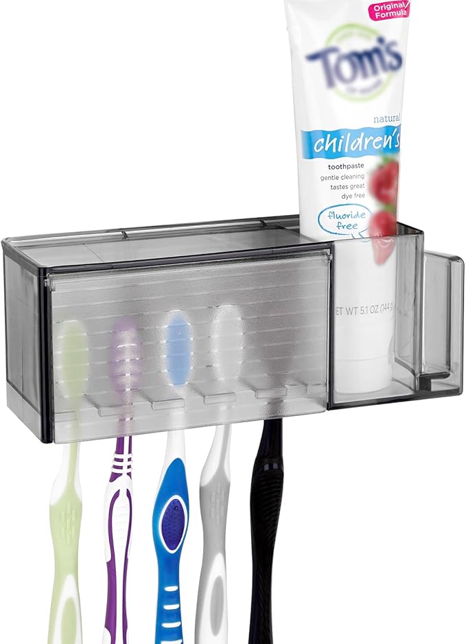 Linkidea Multifunctional Self-Adhesive Toothbrush Holder, Wall Mounted Toothbrush Holder with Lid, Toothpaste Storage Box and Toothbrush for Bathroom (Grey)