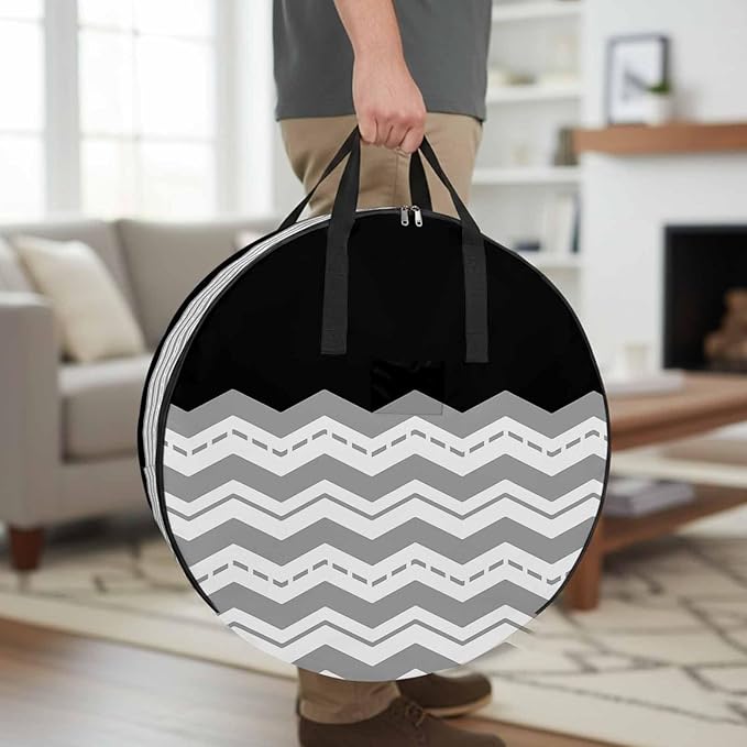 Storage Bag Grey Waves Round Storage Totes Bins Closet Organizers with Zippers & Handle Black Chevron Stripe Clothes Storage Container for Bedroom Dorm Space Saving Packing Supplies Moving Bags