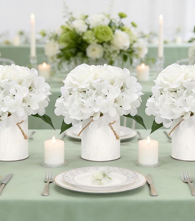 Flower Table Centerpieces - Set of 6 Floral Arrangement Artificial Wedding Hydrangeas Floral Arrangement with Rustic Metal Vase for Bridal Tea Party Event Decorations - White