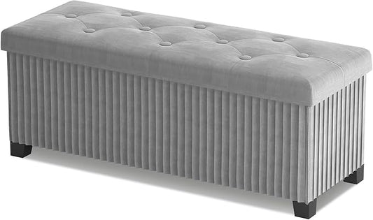 LITZFUR Storage Ottoman Bench, 43 Inch Foldable Ottoman with Legs, Velvet Foot Rest Stool, End of Bed Bench, Storage Chest for Living Room, Bedroom (Grey)