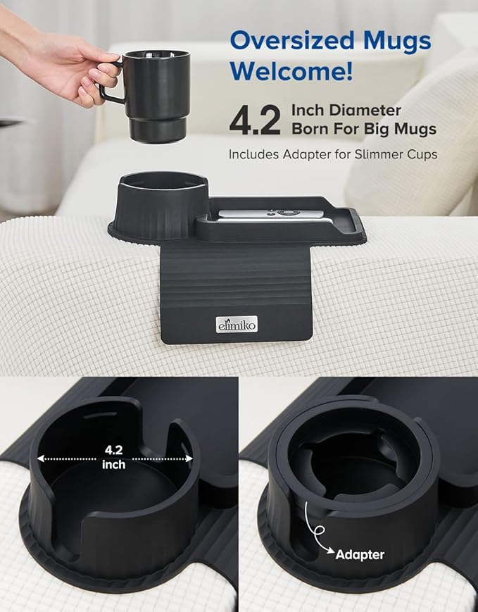 Couch Cup Holder Tray, Elimiko Silicone Sofa Drink Holder with Large Cup Holder and Tray, for Oversized Mugs/Long Remote/Snacks/Cellphone (Black)