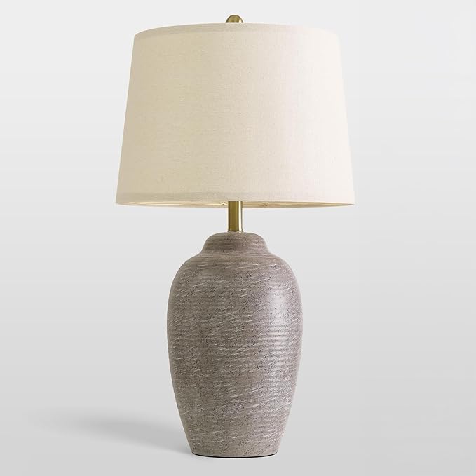 USumkky 29.5" Tall Vintage Ceramic Table Lamp with 5FT Cord - Single Large Rustic Farmhouse Bedside Lamp with Linen Shade & Natural Textured Finish, Nightstand Table Lamp for Bedroom End Table,Grey
