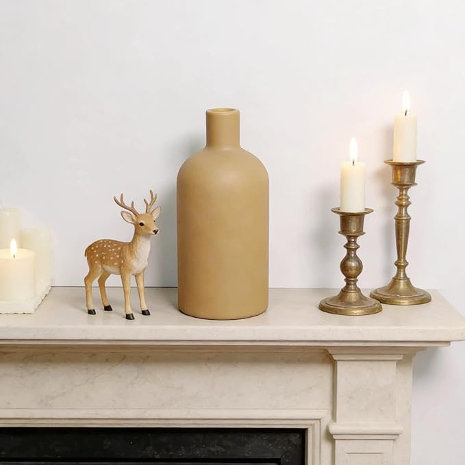 Neutral Boho Ceramic Brown Decorative Vase, Modern Matte Minimalist Vases for Shelf, Coffee Table, Living Room & Fireplace Mantel Decor