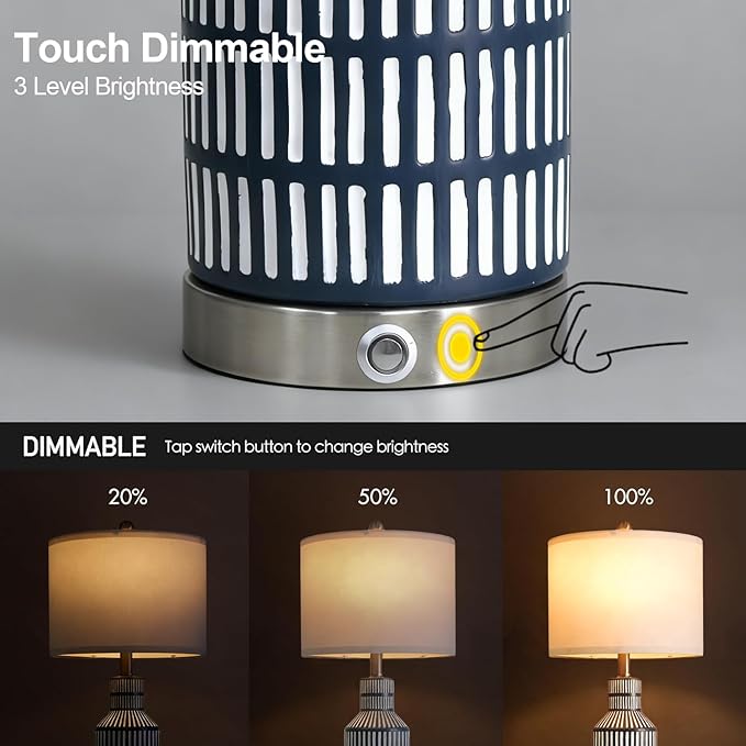 USumkky 25" Modern 3-Way Dimmable Touch Control with USB A+C Ceramic Lamps Set of 2 Table Lamp for Living Room Bedroom Farmhouse Nightstand Bedside Blue