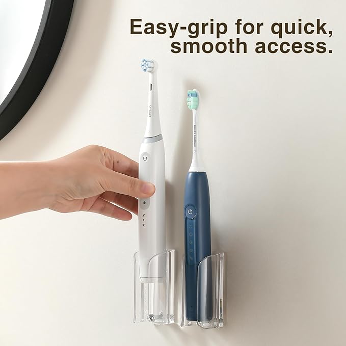Electric Toothbrush Holder for Bathroom, Wall-Mounted Toothbrush Stand with Self-Adhesive, Compact Bathroom Caddy for Electric Toothbrushes (Clear-2pcs)