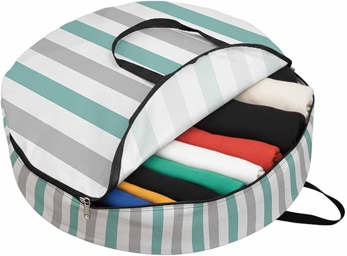 Storage Bag Turquoise Grey Stripes Round Storage Totes Bins Closet Organizers with Zippers & Handle Contrast Striped Clothes Storage Container for Bedroom Dorm Space Saving Packing Supplies Bags