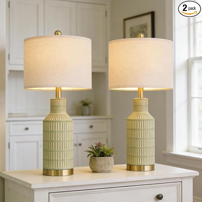 USumkky 25" Green Ceramic Table Lamp - Modern Bedside Nightstand Lamp, Easy Assembly Twist Knob Switch for Bedroom Living Room Home Office Decor (Bulb Not Included)