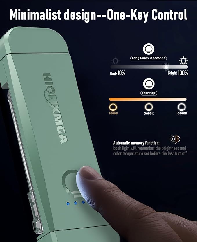 HIONXMGA Book Reading Light,Silent Touch Books Lamp for Reading in Bed,Rechargeable Clip on Booklight with 3 Amber Colors & 7 LEDs Precise Dimming for Eye Caring Night Reading,Book Lovers,Kids,Green