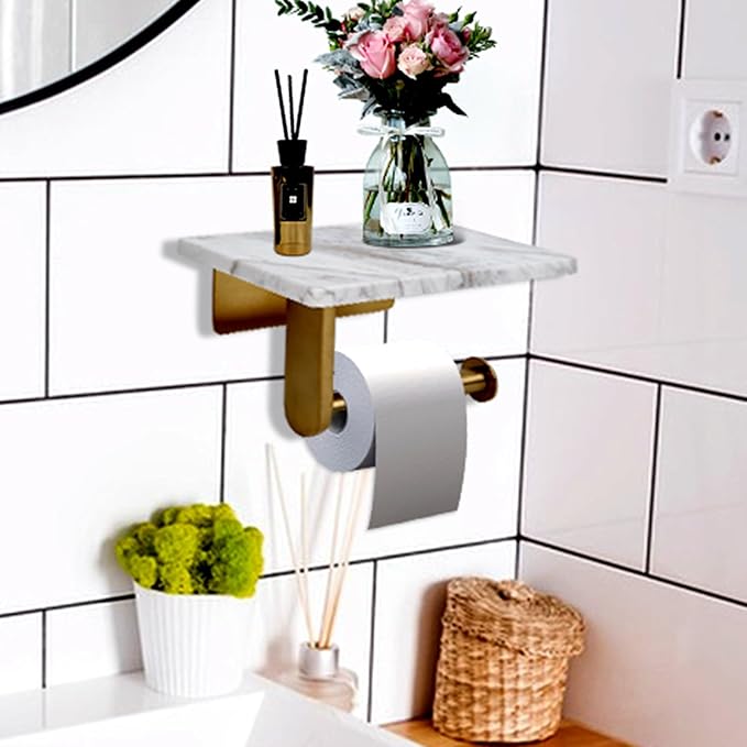 Toilet Paper Holder with Natural Marble Shelf for Bathroom Washroom,Wall Mounted Tissue Holder Suitable for Mega Roll (Brushed Gold, Middle 7.87 * 4.72 in)