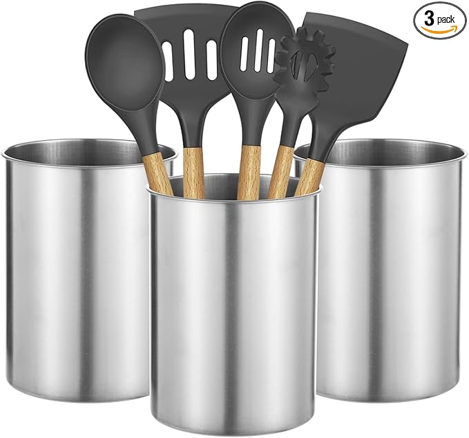 Homaisson 3 PCS Stainless Steel Kitchen Utensil Holders, 5.5 x 7.3 in Cylinder Kitchen Countertop Organizer, Dishwasher Safe Cooking Utensil Holder, Large Capacity for Cafe Restaurant Bakery