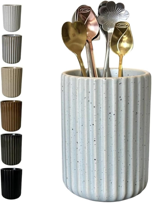 TOPYOKK Stoneware Coffee Bar Utensil Holder Tea & Coffee Spoon & Stirrer Holder for Stir Stick Straw Teaspoon Holder Spoon Cup Small Utensil Jar Fluted Vertical Stripe (Blue Grey)