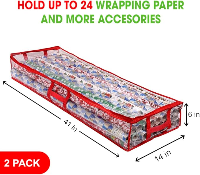 ProPik Wrapping Paper Storage Containers | Gift Wrap Organizer Under Bed | 41”x14”x6” | Box Holds 18-24 Rolls Up to 40” Long | Holder with Pockets for Ribbon, Bows and Accessories (2 Pack - Red)