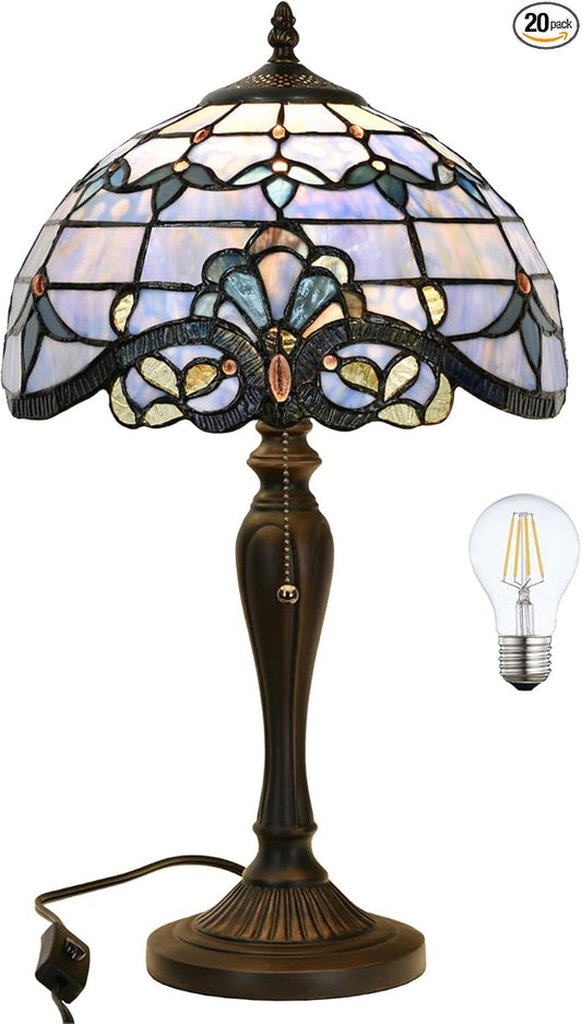 TL0015 Tiffany Table Lamp, Blue Baroque Stained Glass Shade, W12×OH21.5in, LED Bulb Included, for Bedroom Living Room (Blue Baroque)
