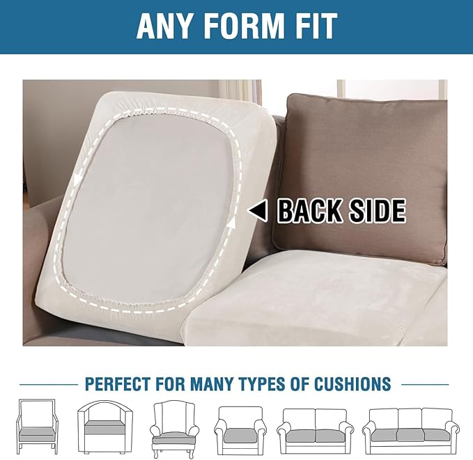 H.VERSAILTEX Velvet Stretch Couch Cushion Cover Plush Cushion Slipcover for Chair Cushion Furniture Protector Seat Cushion Sofa Cover (1 Piece Armchair Cushion Covers, Porcelain White)