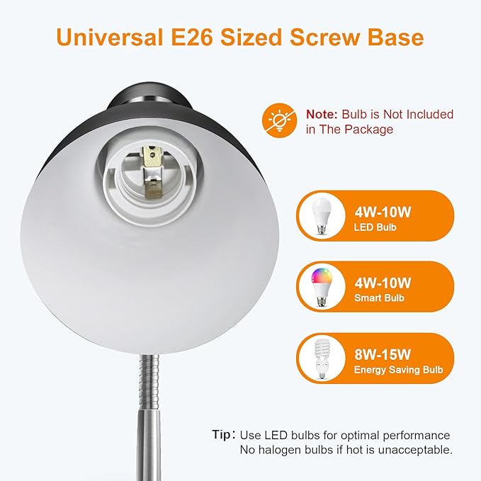 LEPOWER Metal Desk Lamp, Adjustable Goose Neck Table Lamp, Eye-Caring Study Desk Lamps for Bedroom, Study Room and Office (Black)