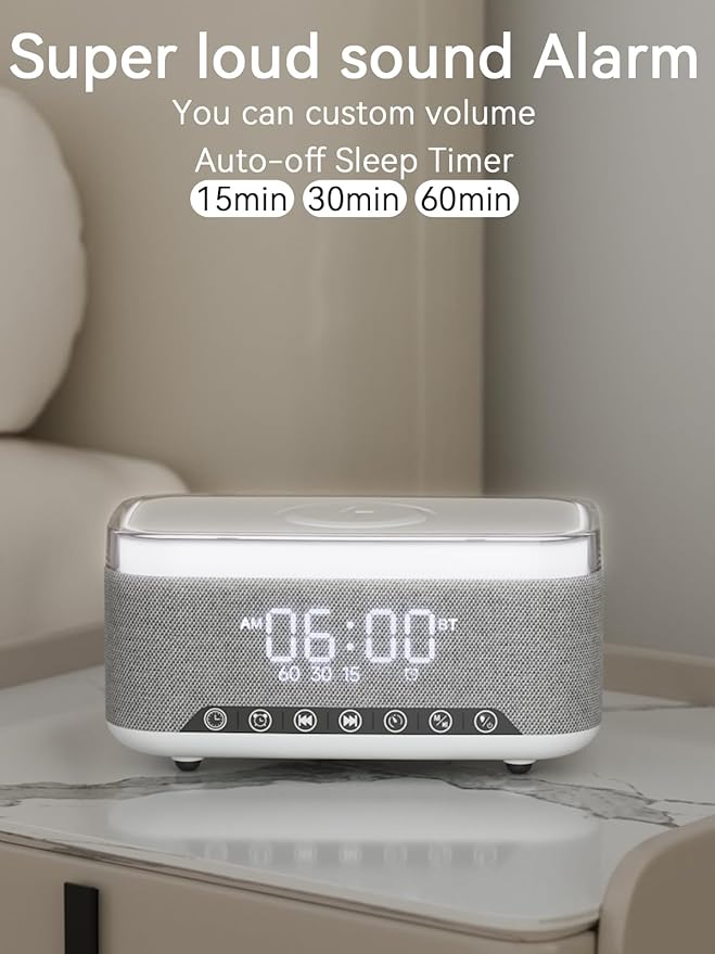 Alarm Clock Bluetooth Speaker with 10w Fast Wireless Charger for iPhone Samsung, 10W Stereo Bluetooth Speaker, 12-Color Night Light, White Noise Machine Digital Clock with FM Radio for Bedroom
