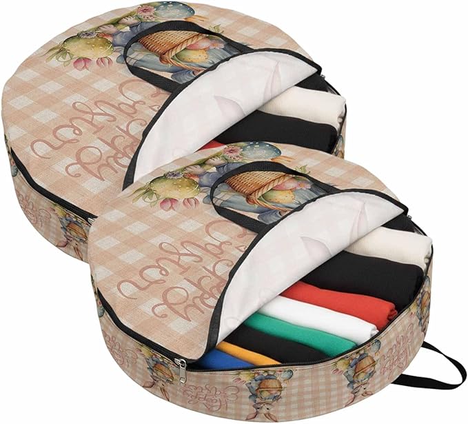 36 Inch Round Storage Bag 2 Pack,Easter Cartoon Rabbit Eggs Basket Waterproof Wreath Storage Container with Handles&Zipper Flower Orange Grid on Linen Closet Organizer Bags Garland Box