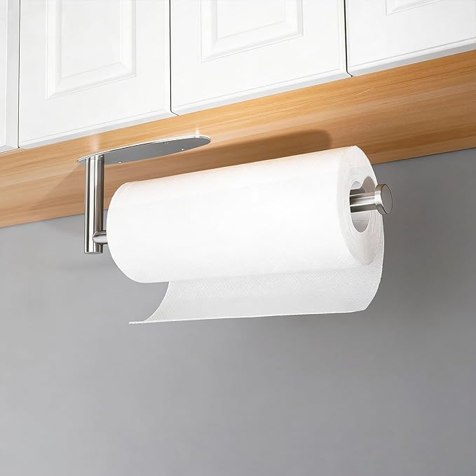 Single Hand Operable Paper Towel Holder Under Cabinet with Damping Effect, Self Adhesive Paper Towel Roll Holder Wall Mounted for Kitchen Bathroom, SUS304 Stainless Steel Brushed Nickel