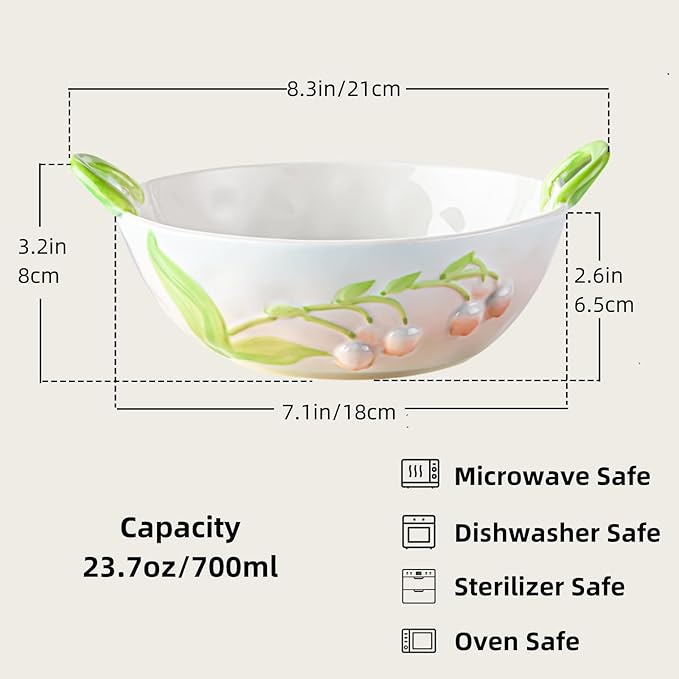 Ceramic Fruit Bowl with Handles, 3D Hand-Painted Lily of the Valley Floral Design Serving Bowl for Soup, Pasta, Salad and Snacks, 24oz, Microwave & Dishwasher Safe