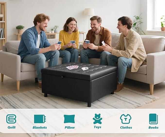 LINLUX 35.5 Inch Large Leather Storage Ottoman, Extra Large Square Lift Top Ottoman Coffee Table with Storage, Tufted Leather Ottoman Footrest Toy Box for Living Room, Black