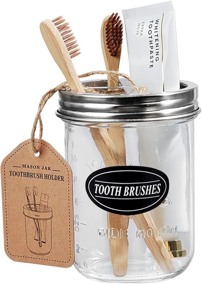 Mason Jar Toothbrush Holder - Brushed Nickel - with 16 Ounce Ball Mason Jar,Premium Rustproof 304 Stainless Steel Lid and Chalkboard Labels - Rustic Farmhouse Decor Black Bathroom Accessories
