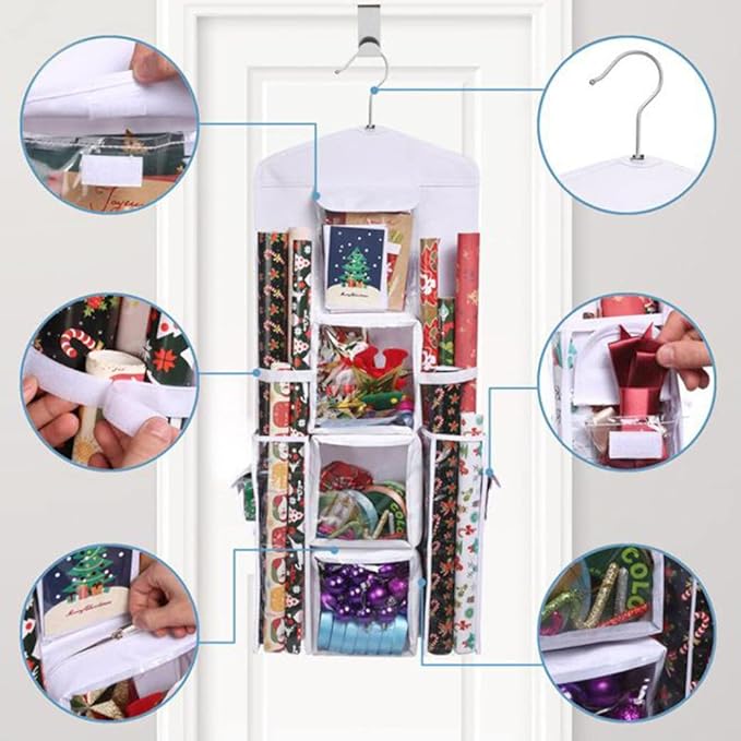 Wrapping Paper Storage Bag, Christmas Wrapping Paper Organizer 37.40x5.51 Inch Large Capacity Wall Hanging Double-Sided Transparent with 10 Pockets Space-Saving Rear Storage Bag with Zipper