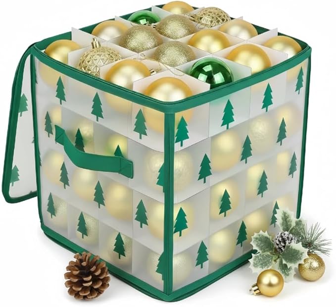 Christmas Ornament Storage Box, Christmas Tree Ornament Organizer, Hard Plastic Storage Container with Dividers, Clear Design Waterproof Case for 3" Seasons Balls