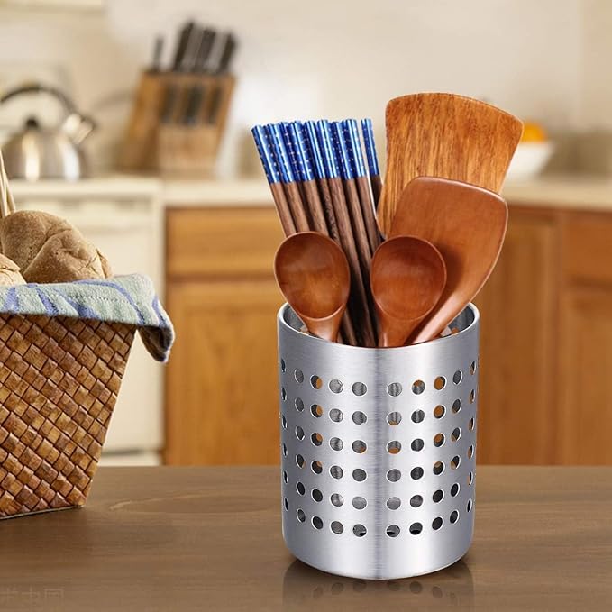 KSENDALO Stainless Steel Utensil Holder for Counter(2Pack), Brushed Silver Drying Metal Utensil Crock Canister for Cooking Utensils on Countertop, with Heavy Base, Dishwasher Safe, Silver