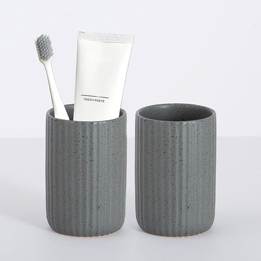 Ceramic Bathroom Tumbler, Ribbed Bathroom Toothbrush Holder Cups, Tooth Brush Holder Set, Reusable Toothbrush Mouthwash Cup, Toothpaste Holder Toothbrush Organizer for Bathroom Counter
