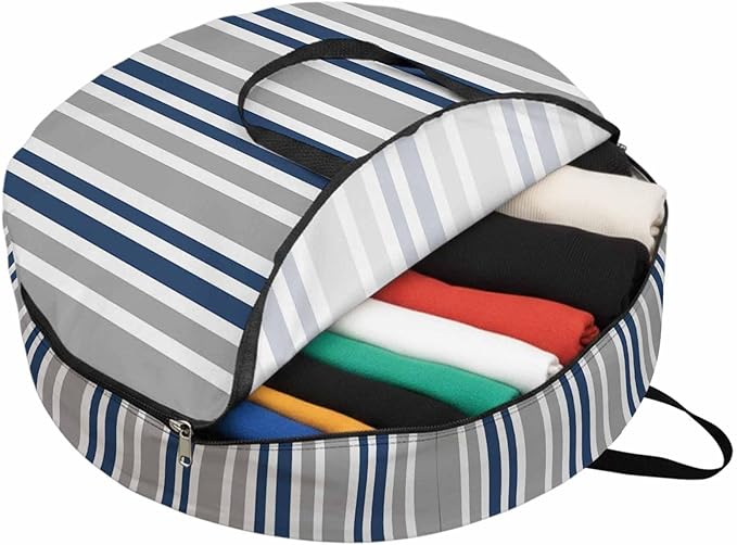 Storage Bag Navy Blue Stripes Round Storage Totes Bins Closet Organizers with Zippers & Handle Grey Striped Lines Clothes Storage Container for Bedroom Dorm Space Saving Packing Supplies Moving Bags