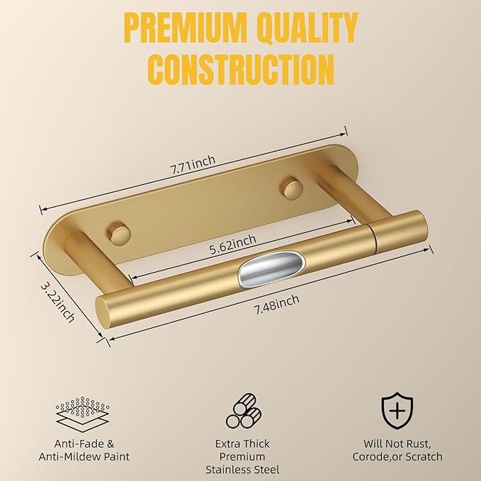 BESy Adhesive or Screw Toilet Paper Holder Wall Mount Rustproof Modern Roll Holder Flexible Pivoting Adjustable Tissue Handle with Self Adhesive or Mounted with Screws Stainless Steel Brushed Gold