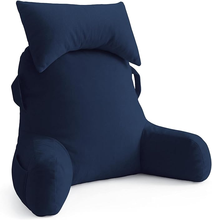 Unisakey Portable Reading Pillows with Headrest for Bed Sitting Up(Royal Blue Oeko-Tex), Velvet Back Pillow with Arms & Pockets for Adults, Support Memory Foam Bed Pillow for Dorm/Watching/Gaming