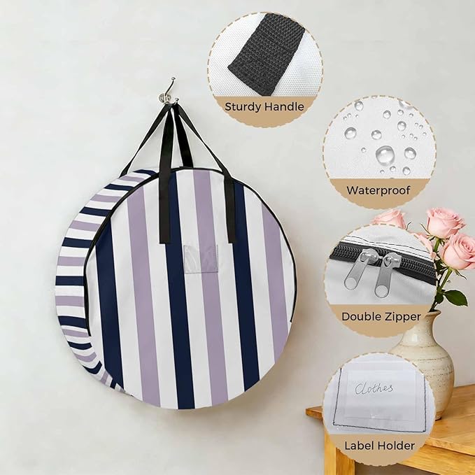 Storage Bag Navy Blue Purple Stripes Round Storage Totes Bins Closet Organizers with Zippers & Handle Contrast Striped Clothes Storage Container for Bedroom Dorm Space Saving Packing Supplies Bags