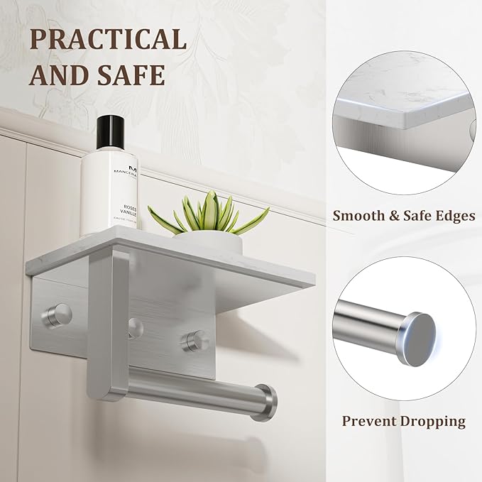BWE Brushed Nickel Toilet Paper Holder with Marble Shelf, Toilet Paper Roll Holder Wall Mounted, Toilet Paper Roll Holder with Phone Shelf 304 Stainless Steel Tissue Holder for Bathroom Washroom