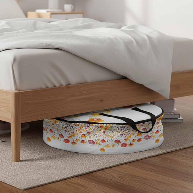 Yellow Orange Poppy Round Storage Bag 24 Inch, Watercolor Flower Spring Summer Floral Clothes Storage Container with Handles Heavy Duty Organizer for Comforter, Bedding & Holiday Wreaths