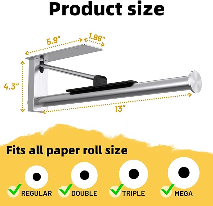 Upgraded Kitchen Paper Towel Holder - One-Hand Tear Under Cabinet Stick-on Towel Rack for Hanging Paper - First Apartment Essentials Wall Mount Self Adhesive Stainless Steel Rack Fits
