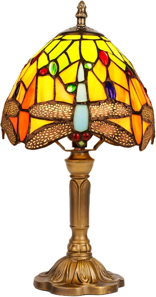8" Tiffany Style Table Lamp, Dragonfly Small Stained Glass Night Lamp, Handmade Desk Bedside Antique Light for Living Room, Bedroom and Study, Ideal Art Gift for Family & Friends
