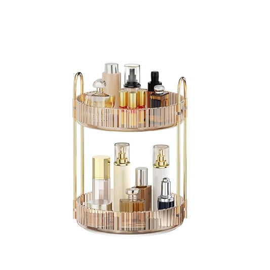 MOKANI 360 Rotating Makeup Organizer for Vanity, 2 Tier Adjustable Perfume Organizer for Dresser, Multi-Function Spinning Cosmetics Skincare Storage for Bedroom, Dresser, Countertop, Amber
