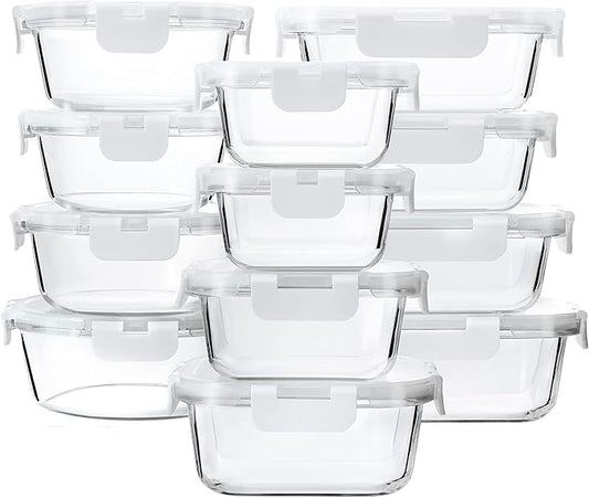 24-Piece Glass Food Storage Containers with Upgraded Snap Locking Lids,Glass Meal Prep Containers Set - Airtight Lunch Containers, Microwave, Oven, Freezer and Dishwasher,White