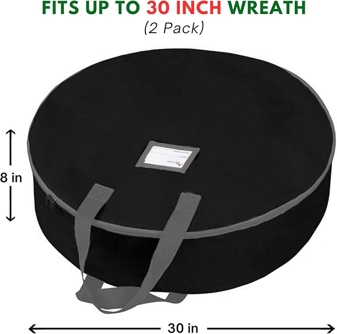 Primode Christmas Wreath Storage Bag 30" - 2 Pack Artificial Wreath Container - Garland Holiday Xmas Wreaths Holder - Sturdy Handles - Card Slot Zipper Strong 420D Oxford (30 Inch, Black)