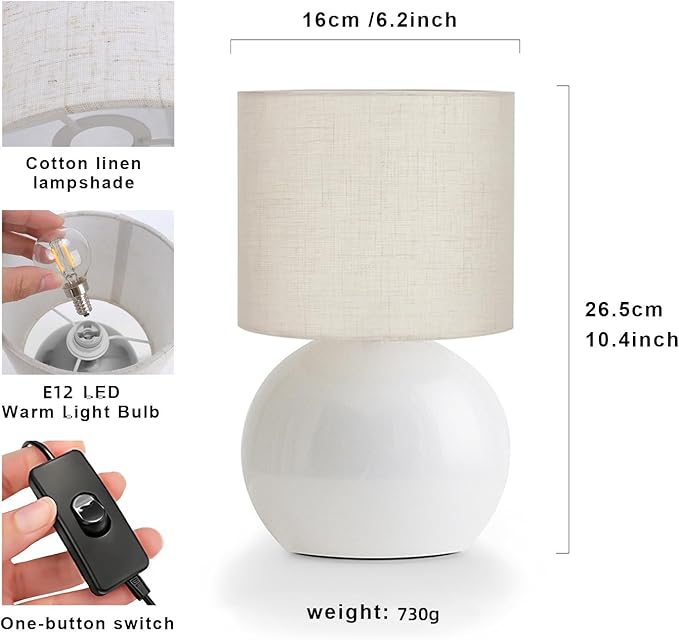 Small Table Lamp for Bedroom,Bedside Nightstand Lamp for Living Room,Minimalist Bedside Light lamp Set of 2, 10.4 Inch Desk Light for Bedroom, Living Room,Including Light Bulb（White）