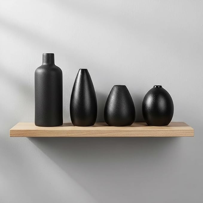 Neutral Black Ceramic Decorative Vase Set, Modern Matte Minimalist Vases for Shelf, Coffee Table, Living Room & Fireplace Mantel Decor (4, Black)