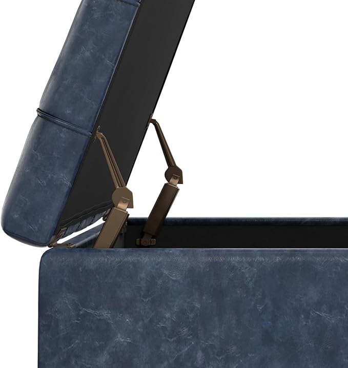 SIMPLIHOME Harrison Large Coffee Table Storage Ottoman - 40 inch Wide Upholstered Vegan Leather Square Lift-Top Ottoman in Denim Blue, Transitional Bench for Living Room with Sturdy Base